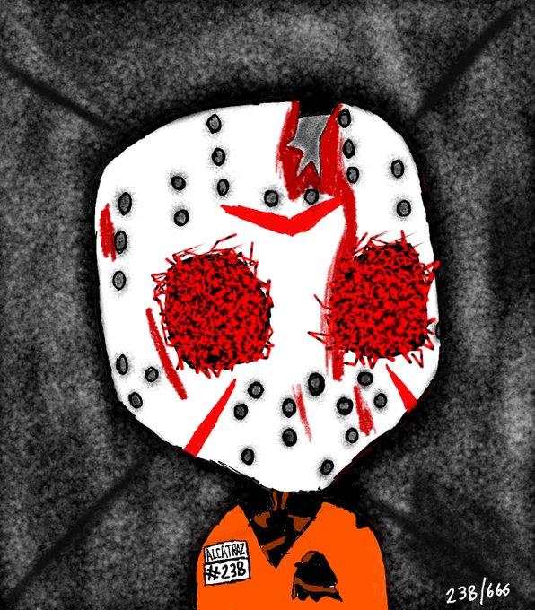 A horror-style illustration features a figure in an orange jumpsuit wearing a white hockey mask (reminiscent of Jason Voorhees) splattered with red, set against a dark webbed background. The mask bears a tag reading "ALCATRAZ #238" with "238/666" inscribed in the corner, tying into the post's "GM Ordinals" theme of perseverance and grinding.