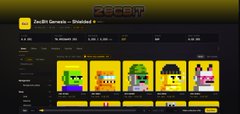 The image shows a screenshot of the "ZecBit Genesis – Shadaloo" NFT marketplace interface on ZecBit, featuring pixel art character cards priced around $0.25 displayed in a yellow-toned layout. The accompanying post explains this is a v1.2 update showcasing new features like reservation system and floor price functionality for the NFT trading platform.