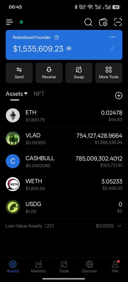 A screenshot of a cryptocurrency wallet app showing a "Robinhood Founder" account with a balance of $1,535,609.23, holding assets including ETH (0.02478), VLAD (754,127,428.9664), CASHBULL (785,009,302.4012), and WETH (3.05233). The image serves as documentation for capital verification, displaying significant holdings across multiple tokens.