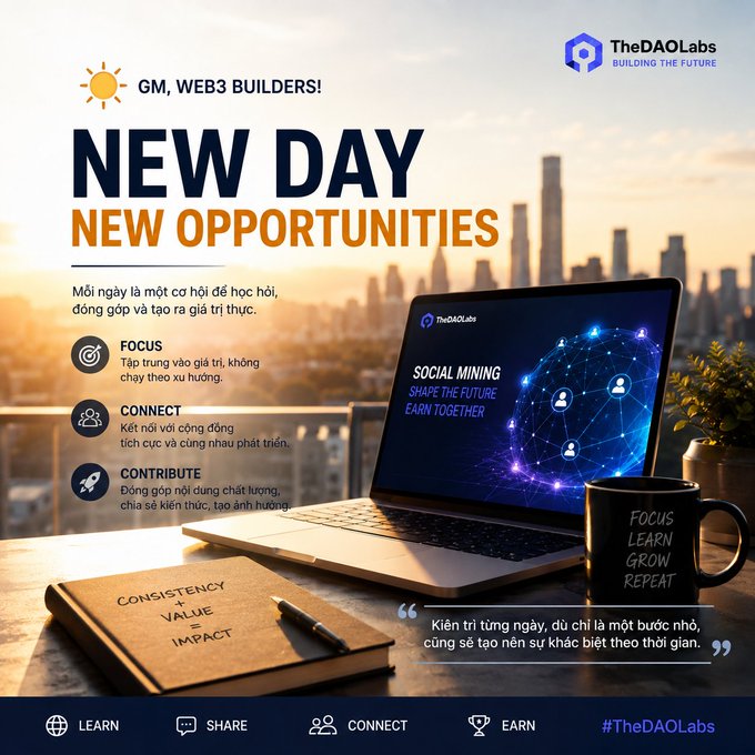 A promotional poster from TheDAOLabs reading 'GM, WEB3 BUILDERS! NEW DAY NEW OPPORTUNITIES' with bullet points for Focus, Connect, and Contribute, alongside a laptop showing 'SOCIAL MINING' and a mug reading 'FOCUS LEARN GROW REPEAT'.