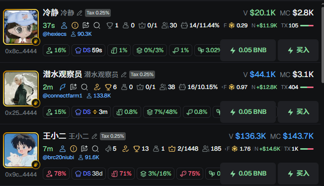 A trading interface displays three cryptocurrency tokens, including @hexiecs with a $20.1K market cap, @connectfarm1 with $44.1K, and @brc20niubi with $136.3K, showing metrics like holder counts, taxes, and BNB buy-in options. The post humorously mocks front-running low-cap memecoins, which aligns with the image showing several obscure tokens with small market caps and a "买入" (buy) option.