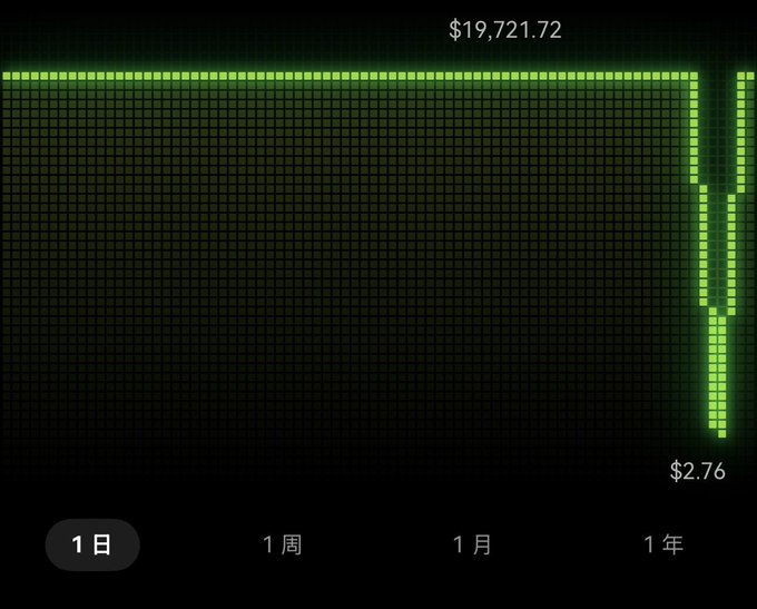 A dark stock chart shows a dramatic crash from a peak of $19,721.72 down to $2.76 over the 1-year period, displayed in glowing green against a black grid background.