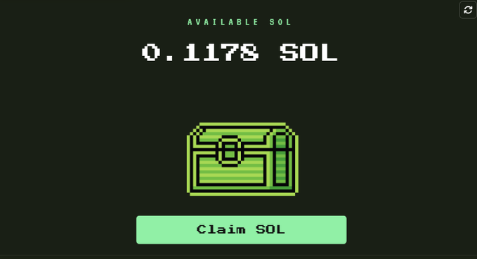 A black screen with green pixel-art graphics displaying "AVAILABLE SOL" with an amount of "0.1178 SOL" above a green treasure chest icon and a "Claim SOL" button, appearing to be from a Solana-based digital faucet or app.
