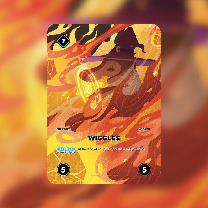 A trading card game card titled 'WIGGLES' depicting a wizard creature with a fire/flame theme, cost 7, stats 5/5, with a passive ability: 'At the end of your turn, deal 5 damage to the enemy Hero.'