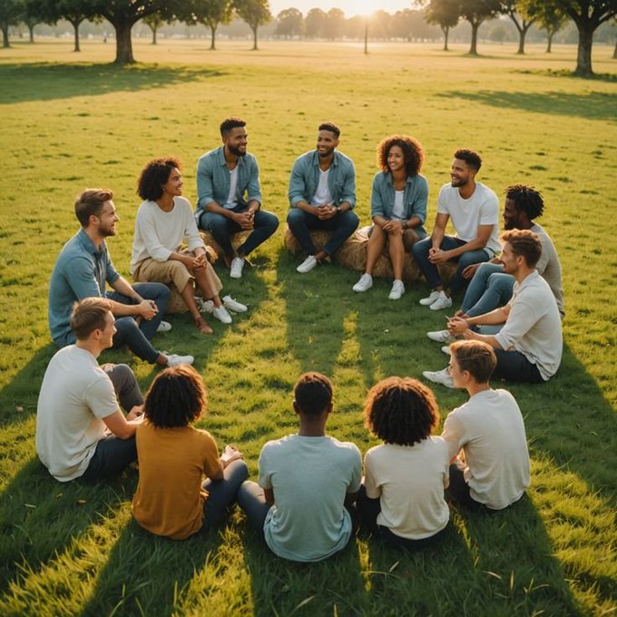 A diverse group of young adults sits in a circle on a grassy field during golden hour, smiling and engaged in conversation.