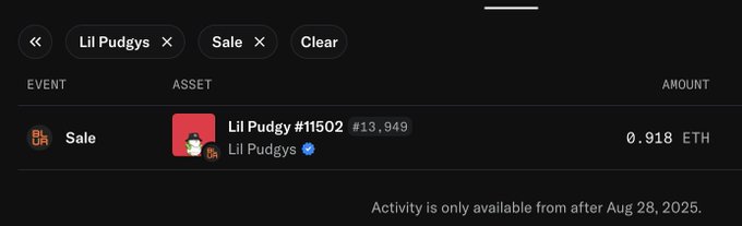 A screenshot of NFT activity filtered for "Lil Pudgys" sale events shows one recent transaction at 0.918 ETH, illustrating the continued price decline referenced in the post about Pudgy NFTs hitting a new low after the user purchased at 0.92 ETH a year ago.