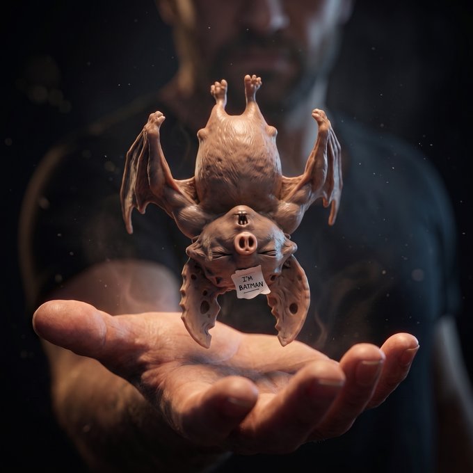 A man holds out his hand, displaying a tiny sculpted bat with a note that reads 'I'M BATMAN'.