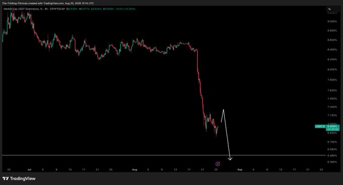 A TradingView 4-hour chart of USDT.D (Tether Dominance) shows a sharp decline from around 9.60% in mid-August to approximately 6.89%, with a white arrow pointing downward near early September. The chart visually supports the post's thesis of "relief on USDT," illustrating the recent breakdown that is expected to precede a final crypto dump.