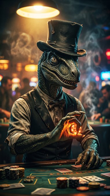 A detailed illustration of a velociraptor dressed in Victorian attire—wearing a black top hat, white shirt, bow tie, and vest—sitting at a casino card table under a hanging lamp, holding glowing orange dice.