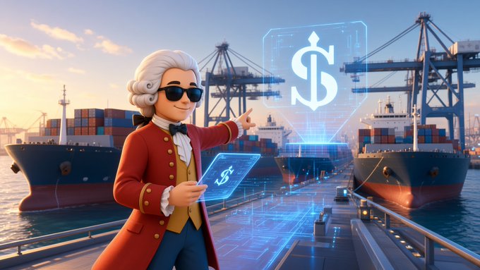A 3D cartoon character in 18th-century attire holds a tablet while a large dollar sign hologram appears in front of a shipping port background.
