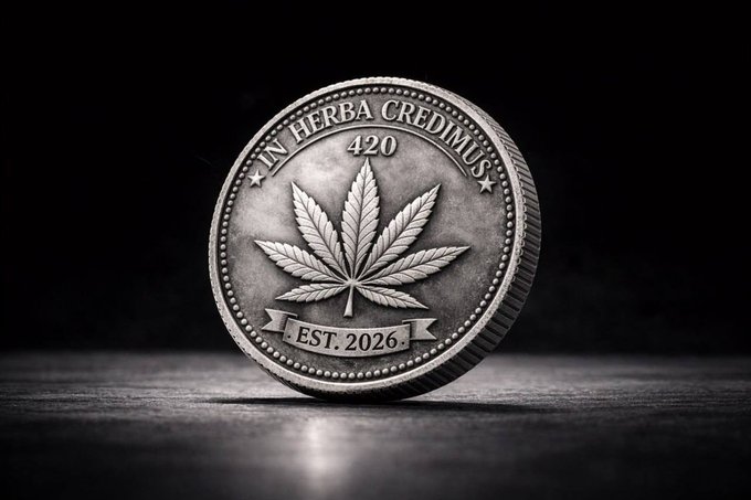 The image features a coin that has "HERBA CREDDIMONDS 420" written on it. The coin appears to be made of metal, possibly silver or bronze, with an interesting design featuring a marijuana leaf. The background of the image is black and out of focus, drawing attention to the coin as the main subject.