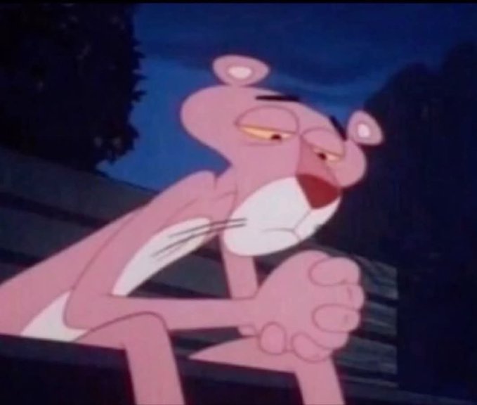 The Pink Panther sits with a sly, skeptical expression, paws pressed together, mirroring the smug, expectant tone of the post asking followers to publicly vouch for him on Commonsmade.