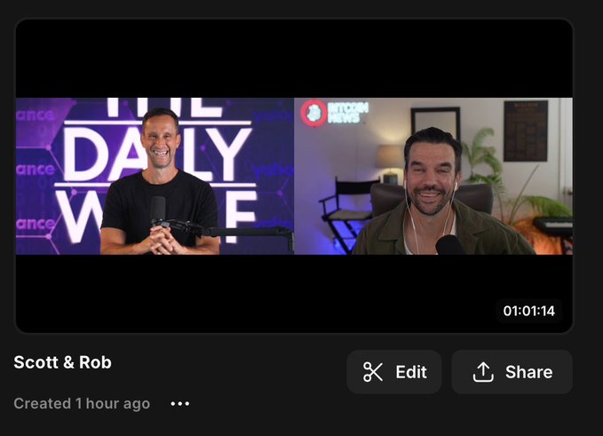 A video call interface titled 'Scott & Rob' shows two men smiling, with one in a studio setting with 'The Daily Wire' logo behind him and the other in a home office; duration shown is 01:01:14.