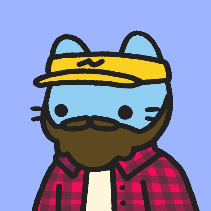 A cartoon illustration of a blue cat-like character with a brown beard, wearing a yellow visor and a red and black plaid shirt against a light blue background.
