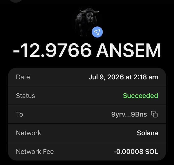 A crypto wallet transaction screenshot shows a successful transfer of -12.9766 ANSEM to the address "9yrv...9Bns" on the Solana network, dated Jul 9, 2026 at 2:18 am with a network fee of -0.00008 SOL, likely posted as proof of an $ANSEM token airdrop.
