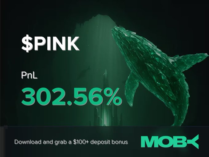 The image displays a Moby promotional graphic featuring a crystalline green whale alongside the ticker "$PINK" and a headline PnL of "302.56%," with a banner advertising a "$100+ deposit bonus." The visual reinforces the post's win alert by highlighting the impressive percentage gain a trader achieved on $PINK via the Moby Mobile platform.