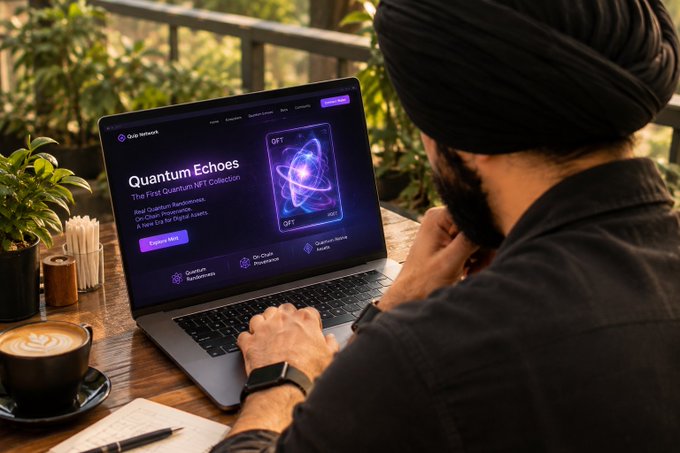 A man wearing a black turban sits at a wooden table, looking at a laptop screen displaying a 'Quantum Echoes' NFT collection website.