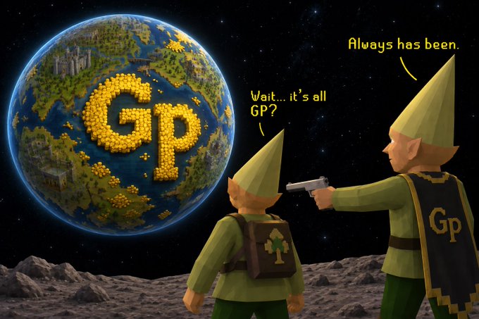 A meme featuring two gnome-like figures in space, with one pointing a gun at the other while they look at Earth covered in "Gp" (GP) tokens, with text reading "Wait... it's all GP?" and "Always has been."