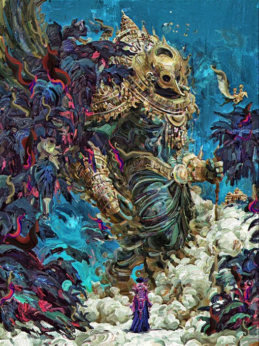 Fantasy illustration of an ornate, golden-armored giant figure with an elaborate helmet standing in clouds amid dark foliage, with a small robed figure at its feet.