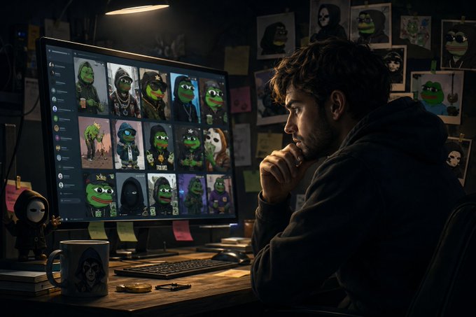 A young man in a dark hoodie sitting in a dimly lit room, looking thoughtfully at a large monitor displaying various Pepe the Frog character designs and NFT collections.