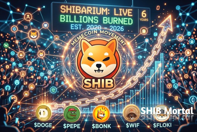 A promotional graphic titled 'SHIBARIUM: LIVE BILLIONS BURNED EST. 2020 - 2026 MEMECOIN MOVEMENT' featuring the SHIB logo, with related memecoins $DOGE, $PEPE, $BONK, $WIF, and $FLOKI displayed at the bottom, branded 'SHIB Mortal'.