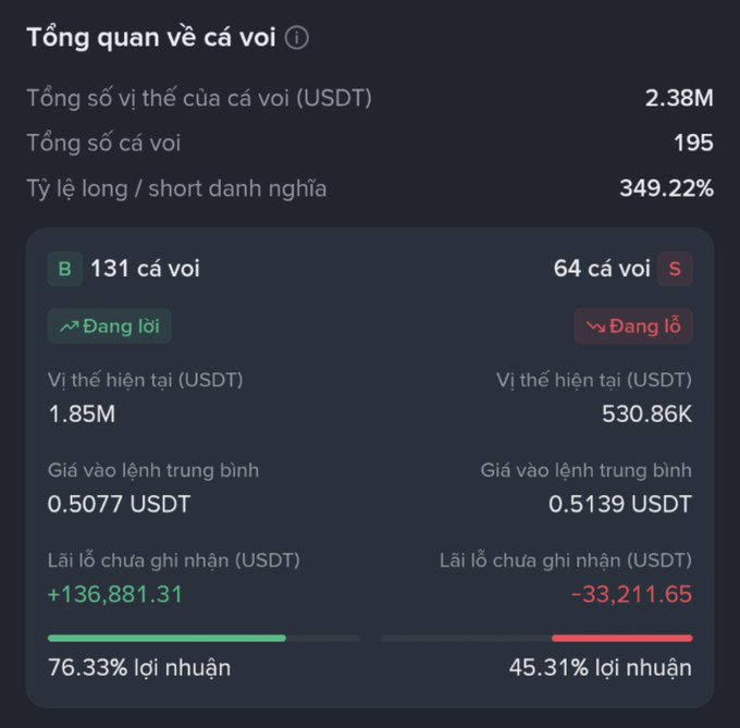 A Vietnamese-language cryptocurrency trading dashboard showing whale overview statistics, including total positions of 2.38M USDT and a long/short ratio of 349.22%.