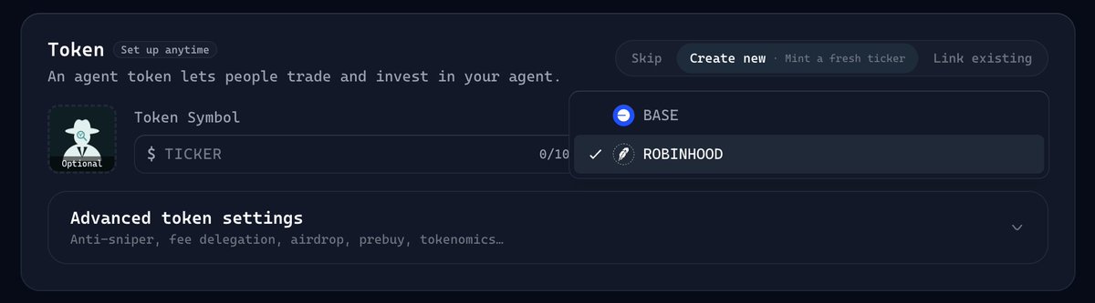 A dark-themed token setup interface displays options to "Create new," "Mint a fresh ticker," or "Link existing," with a dropdown menu highlighting the selection of "ROBINHOOD" (marked with a checkmark) over "BASE," and a token symbol input field labeled "$ TICKER" (0/10 characters). The image illustrates the process of creating or linking an agent token on the Robinhood chain, directly supporting the post's announcement about tokenizing on Robinhood Chain.