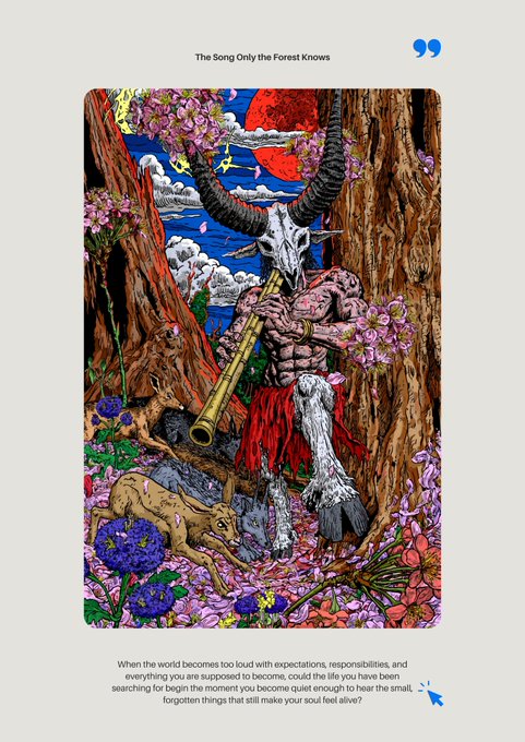A vibrant illustration shows a horned, skeletal figure in a red loincloth playing a flute among trees and flowers with a deer nearby, under a red sun; the title reads 'The Song Only the Forest Knows' with text about finding quiet moments of joy amid life's expectations.
