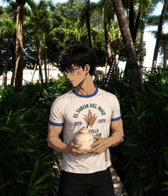 Anime-style illustration of a dark-haired young man with glasses standing in a tropical setting, holding a white coconut while wearing a t-shirt reading 'EL SABOR DEL MAIZ ESTD 1975'.