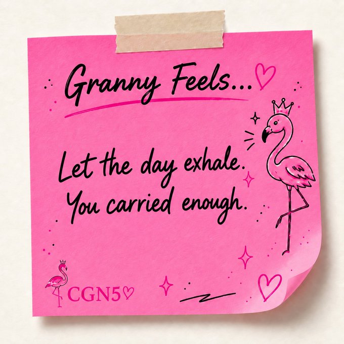 A pink sticky note with decorative flamingo illustrations and the text 'Granny Feels... Let the day exhale. You carried enough. CGN5♡'.