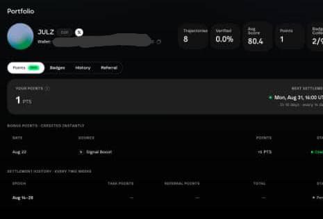 A blurred cryptocurrency portfolio dashboard showing the token 'JULZ' with stats including 'Unverified 0.0%', 'Req. Liquidity $0.4', and 'Points 1'. The interface displays dates like 'Aug, Aug 21' and 'Aug 14-20'.