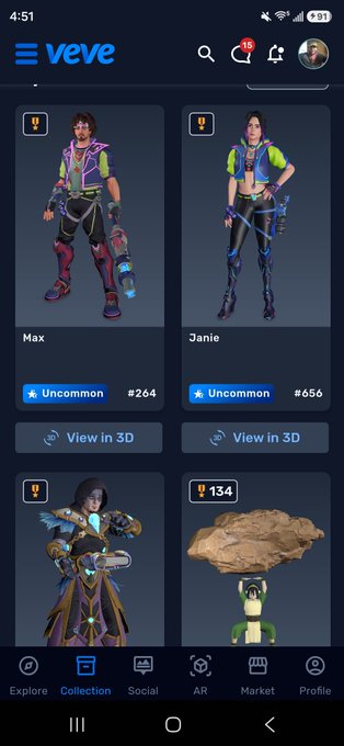 A screenshot of the VeVe NFT app showing a Collection page with 3D character collectibles 'Max' and 'Janie' (both Uncommon rarity).