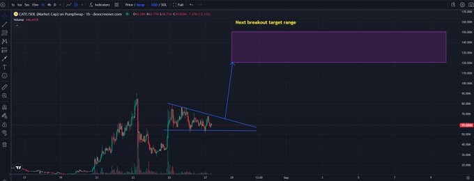 A TradingView chart of $CATE/USDT on Polymarket shows a price of $52.272 with a descending wedge/consolidation pattern near $60, alongside an arrow pointing to a highlighted "Next breakout target range" between $120-$160, illustrating the projected violent breakout referenced in the post.
