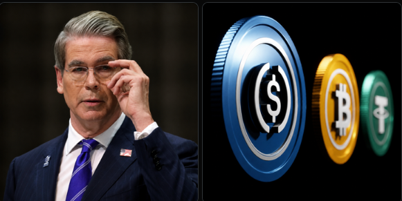 A man in a dark suit with an American flag pin adjusts his glasses beside a 3D illustration of three stacked coins featuring dollar, Bitcoin, and tether symbols, visually representing Treasury Secretary Scott Bessent's enforcement of stablecoin regulations under the GENIUS Act with the July 18, 2028 deadline.