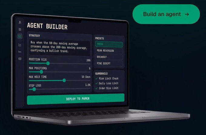 A laptop displaying an 'AGENT BUILDER' interface for trading strategies with configurable parameters including Position Size (20%), Max Positions (5), Max Hold Time (10 Days), and Stop Loss (1.5%), alongside a green 'Build an agent' button.