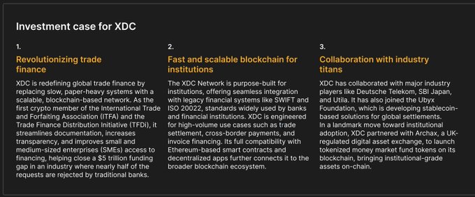 The image shows a screenshot of an article titled "Investment case for XDC". The text at the top of the image reads "XDC", while the title of the article is "Investment Case for XDC". The main content of the image provides information about investment opportunities in the cryptocurrency market, specifically focusing on the XDC coin.