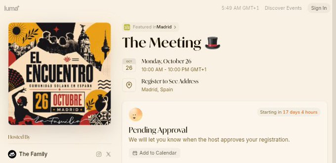 A Luma event page for 'The Meeting 🎩', hosted by The Family, featuring 'El Encuentro' graphic for October 26 in Madrid, Spain. The registration status is 'Pending Approval', starting in 17 days 4 hours.