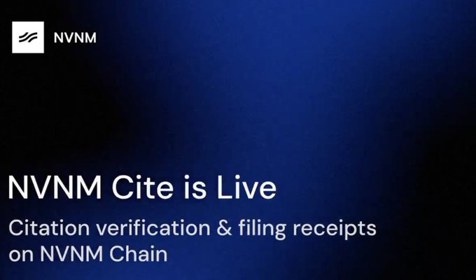 Dark blue promotional graphic announcing 'NVNM Cite is Live' with subtitle 'Citation verification & filing receipts on NVNM Chain' alongside the NVNM logo.