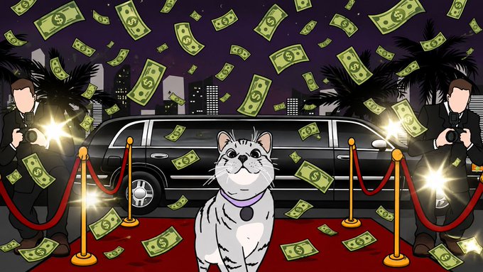 A cartoon illustration of a grey tabby cat wearing a collar with a tag, sitting on a red carpet with photographers and a limousine in the background, while green dollar bills rain from the sky.