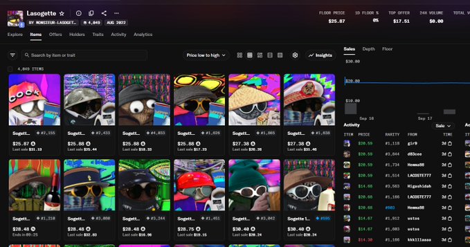 Screenshot of NFT marketplace showing a collection called 'Lasogette' with various profile pictures priced around $25-$30.