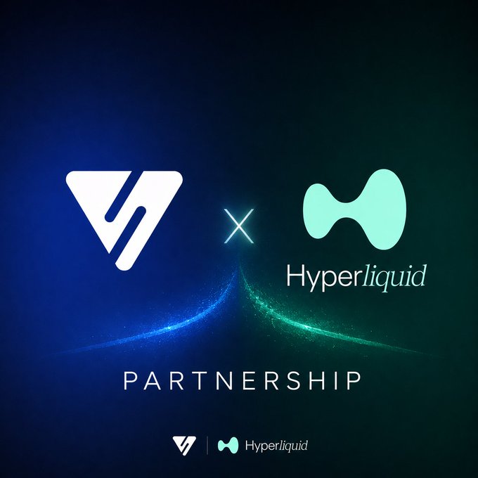 A partnership announcement graphic featuring the VALR logo (white "V" emblem) and Hyperliquid logo (teal infinity-style symbol) on a dark blue and green background, with the word "PARTNERSHIP" displayed prominently between them, visually representing VALR's integration of Hyperliquid Builder Codes as the first centralized exchange to do so.