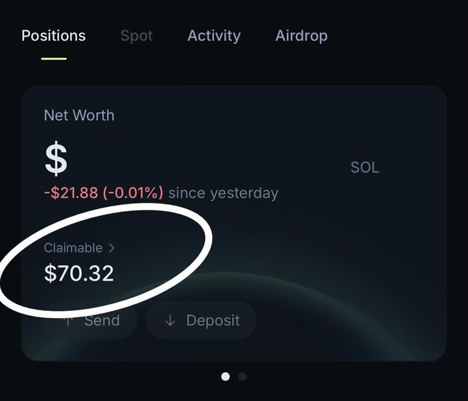 A screenshot of a financial app showing a net worth section with "Claimable >" amount of $70.32 circled in white, and a change of "-$21.88 (-0.01%)" since yesterday.