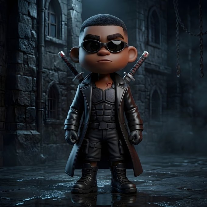 ildj.com/v/3f6d5e0, a black and white cartoon character with sunglasses, sword, and cape, standing on a dark stone floor against a Gothic-style backdrop.