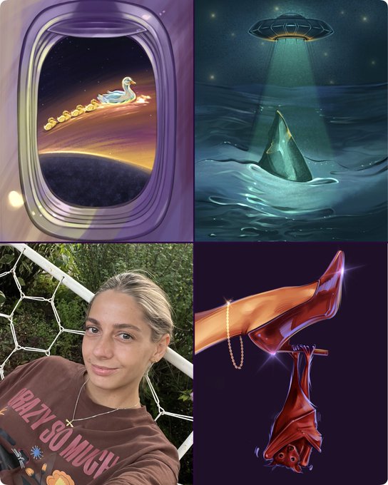A collage featuring four images: ducks from an airplane window, a UFO abducting a shark, a selfie of a woman in a brown 'CRAZY SO MUCH' shirt, and a glittering high heel.