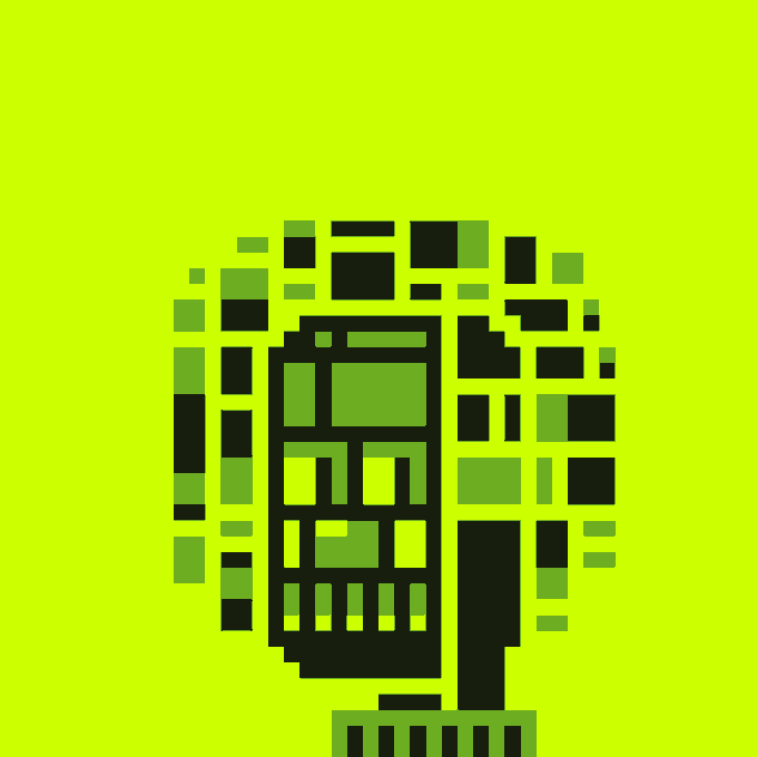 A pixelated stylized face or mask design in black and shades of green, centered on a lime green background.