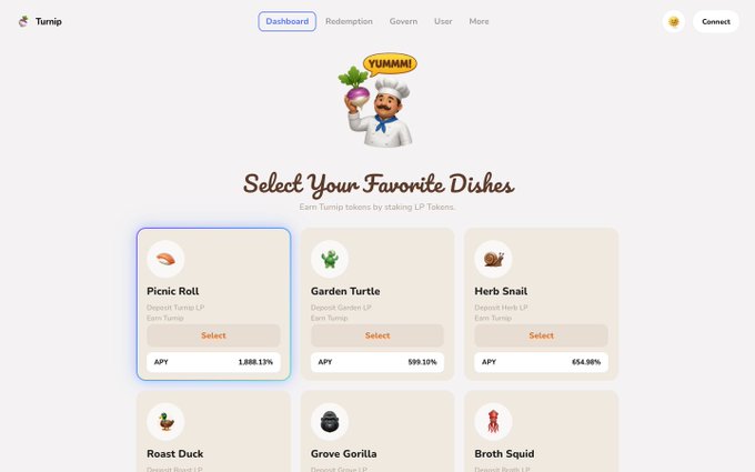 Turnip crypto-gaming platform dashboard showing 'Select Your Favorite Dishes' with staking options like Picnic Roll (APY 1,888.13%), Garden Turtle (599.10%), Herb Snail (654.98%), and others.