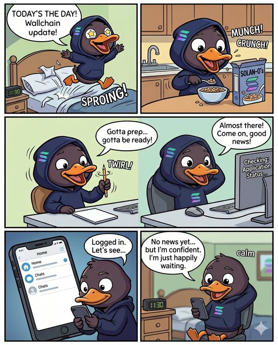 The image features a cartoon duck sitting at a desk with a cell phone, holding it up as if it's reading an email or text message. The duck appears to be engaged in a conversation with someone via text messages. The background of the comic strip shows various scenes related to the daily routine of Quack Head, such as eating cereal and using a computer mouse. The post about Quack Head's application status is related to this scene, suggesting that Quack Head might have been checking for updates or troubleshooting any issues with the application.