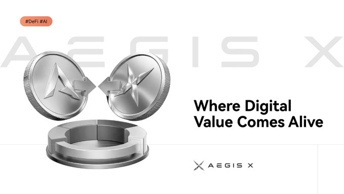 The image features two metallic silver coins—one branded with the Ethereum logo and the other with a star emblem—positioned above a circular base, alongside the text "AEGIS X – Where Digital Value Comes Alive" and tags "#DeFi #AI." It visually reinforces the post's message by symbolizing the intersection of blockchain innovation (Ethereum) and the USD1 ecosystem that AEGIS X is building within AI and DeFi.