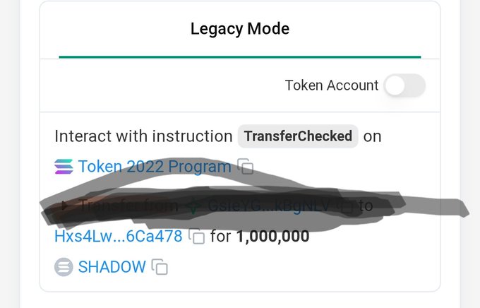 A Legacy Mode interface showing a "Token Account" toggle turned off, configured to interact with the TransferChecked instruction on the Token 2022 Program to transfer 1,000,000 SHADOW tokens to the address beginning with "Hxs4Lw...6Ca478," with the sender's wallet address obscured. The image visually confirms the post's claim of sending 1 million $Shadow Bull tokens, with the interface displaying the exact transfer amount mentioned.