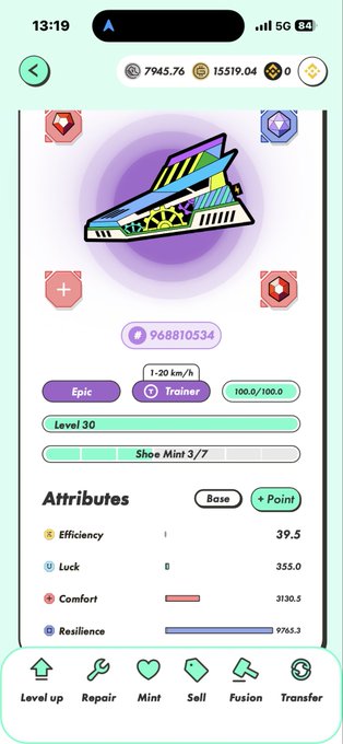 A mobile game interface displaying an Epic rarity 'Trainer' shoe item at Level 30 with a speed of 1-20 km/h, showing attributes like Efficiency (39.5), Luck (355.0), Comfort (3130.5), and Resilience (9765.3), along with action buttons for Level up, Repair, Mint, Sell, Fusion, and Transfer.
